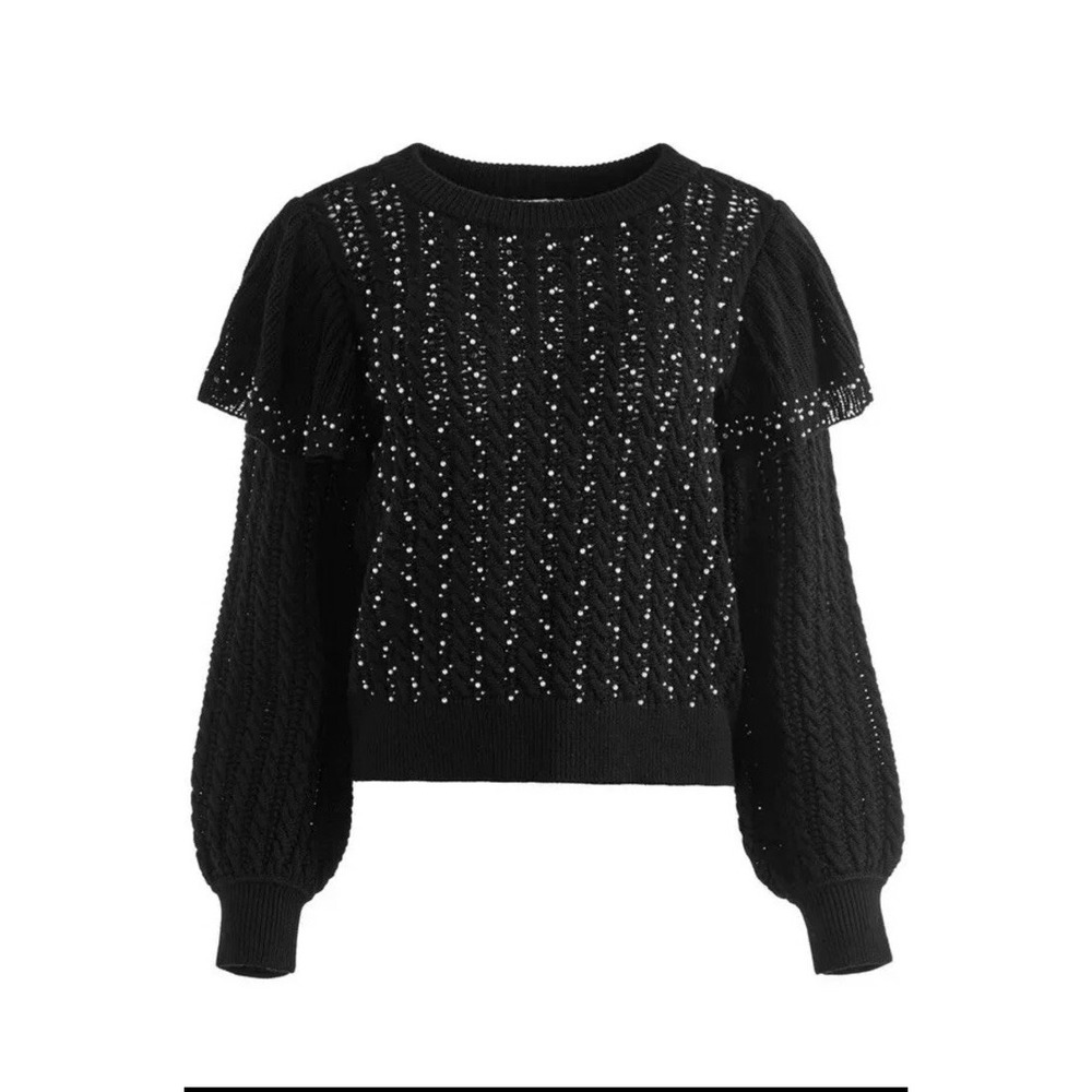 ALICE + OLIVIA Rosi Pearl Embellished Black Knit  Sweater Size M